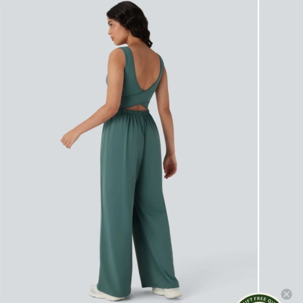 Halara Airy Wide Leg Cool Touch Yoga Jumpsuit with Pockets-Easy Peezy Teal Sz XL - Picture 2 of 14